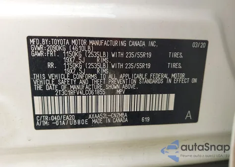 2020 Toyota Rav4 Xle Premium из США, поврежденный, VIN 2T3C1RFV4LC061855